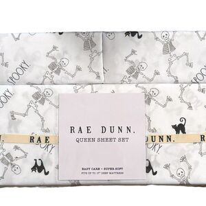 Rae Dunn Queen Sheet Set SPOOKY Skeleton Black Cat Halloween Goth Witch NEW 2024